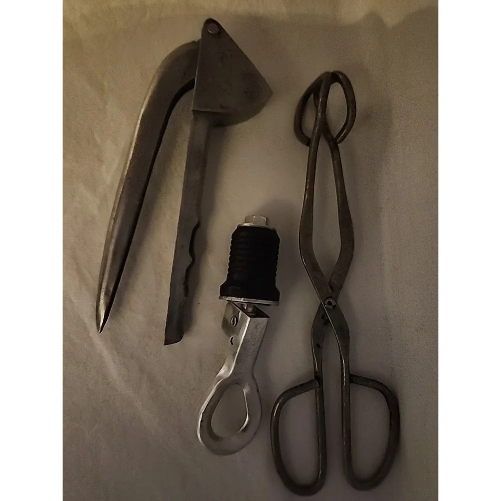 Vintage Kitchen Tool Set Tongs , Bottle Stopper And Garlic Press